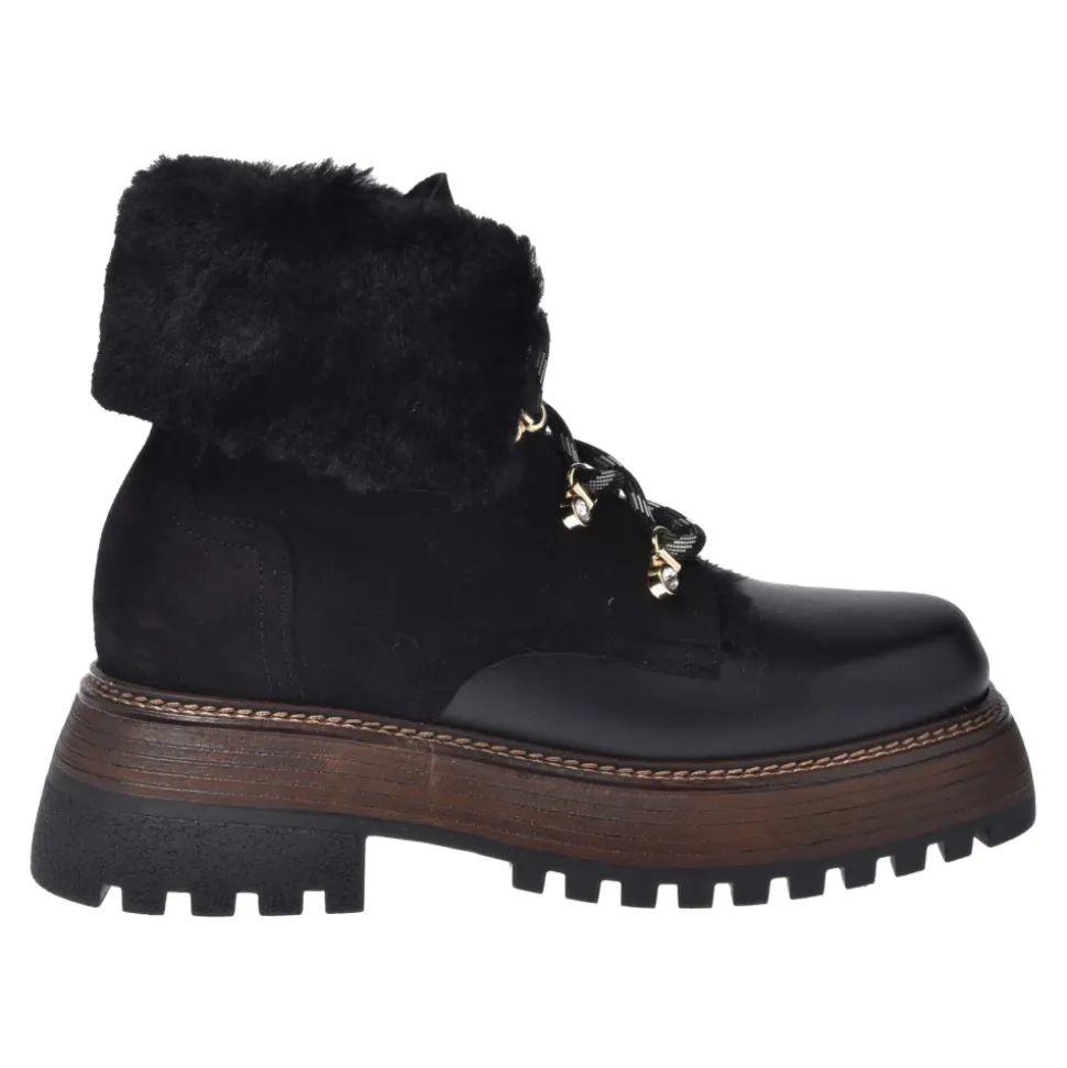 Black leather and sheepskin ankle boots