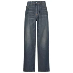 Blaue Baumwoll-Faded-Wash-Jeans mit Knopfleiste