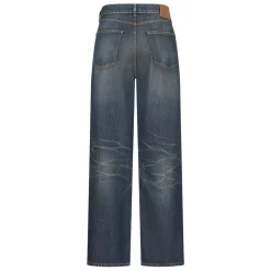 Blaue Baumwoll-Faded-Wash-Jeans mit Knopfleiste