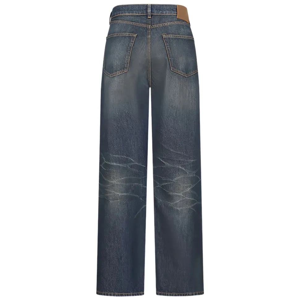 Blaue Baumwoll-Faded-Wash-Jeans mit Knopfleiste