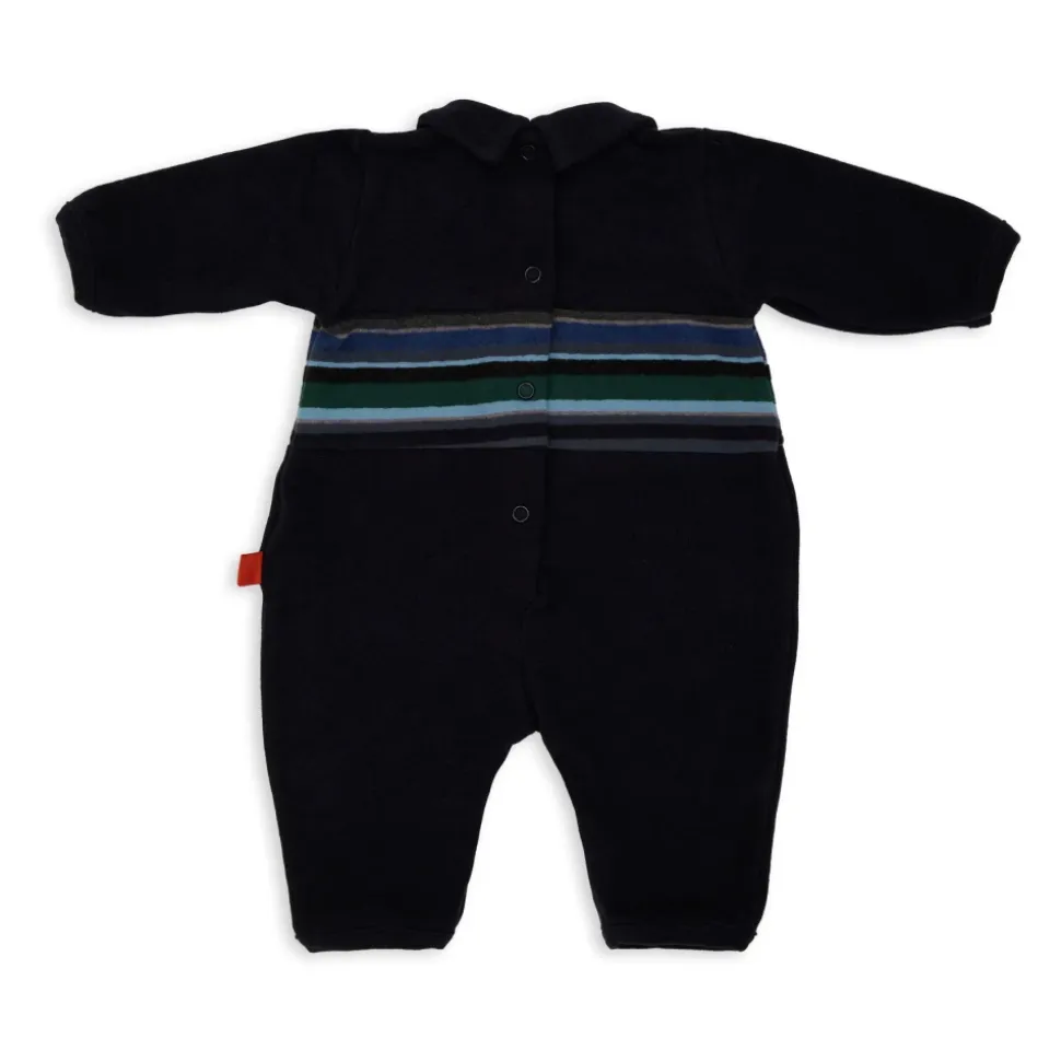 Blauer Fleece-Strampler mit gestreiftem Band