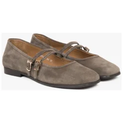 Braune Ballettflats für Damen mit einer Schnalle aus hochwertigem italienischem echtem Velours