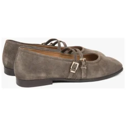 Braune Ballettflats für Damen mit einer Schnalle aus hochwertigem italienischem echtem Velours