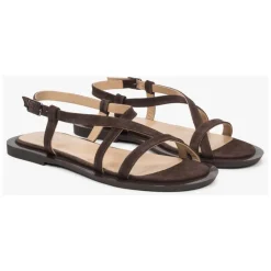 Braune Sandalen für Damen aus echtem Veloursleder mit einem überkreuzten Riemen
