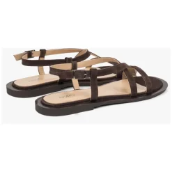 Braune Sandalen für Damen aus echtem Veloursleder mit einem überkreuzten Riemen