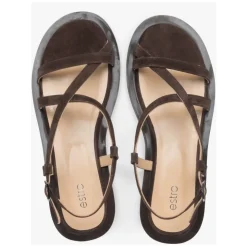 Braune Sandalen für Damen aus echtem Veloursleder mit einem überkreuzten Riemen