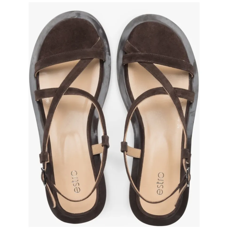 Braune Sandalen für Damen aus echtem Veloursleder mit einem überkreuzten Riemen