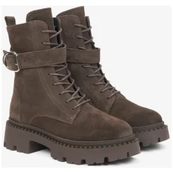 Damen Sattelbraune Ankle Boots aus echtem italienischem Velours