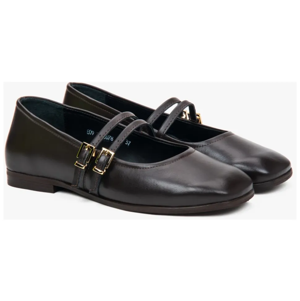 Dunkelbraune Damen-Ballerinas mit einer Schnalle aus hochwertigem italienischem Echtleder