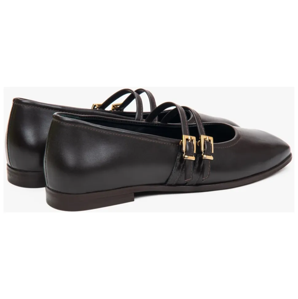 Dunkelbraune Damen-Ballerinas mit einer Schnalle aus hochwertigem italienischem Echtleder