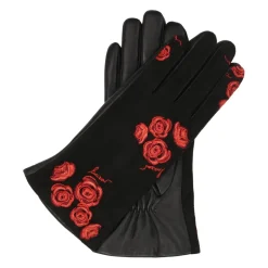 Elegante schwarze Handschuhe mit bestickten roten Blumen