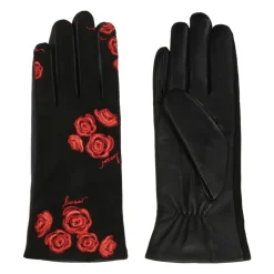 Elegante schwarze Handschuhe mit bestickten roten Blumen