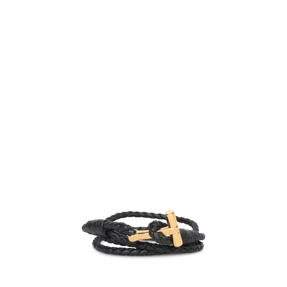 Geflochtenes Lederarmband mit goldfarbenem Logo