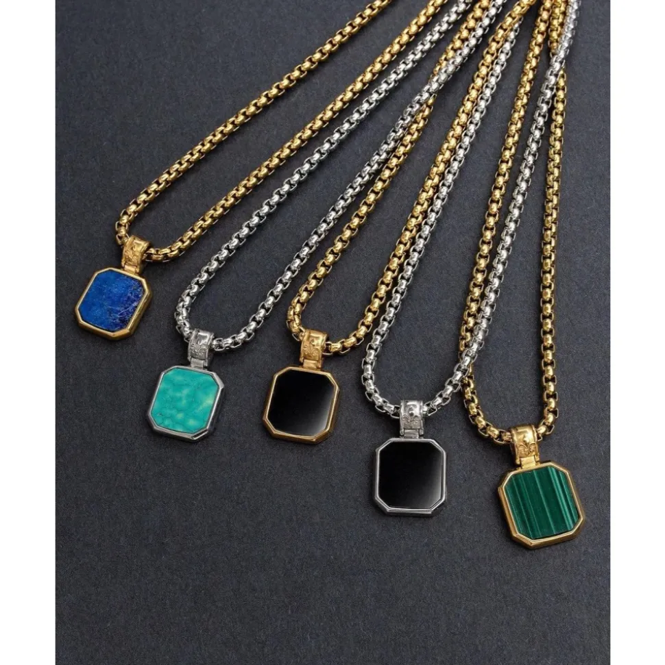 Gold Necklace with Square Onyx Pendant