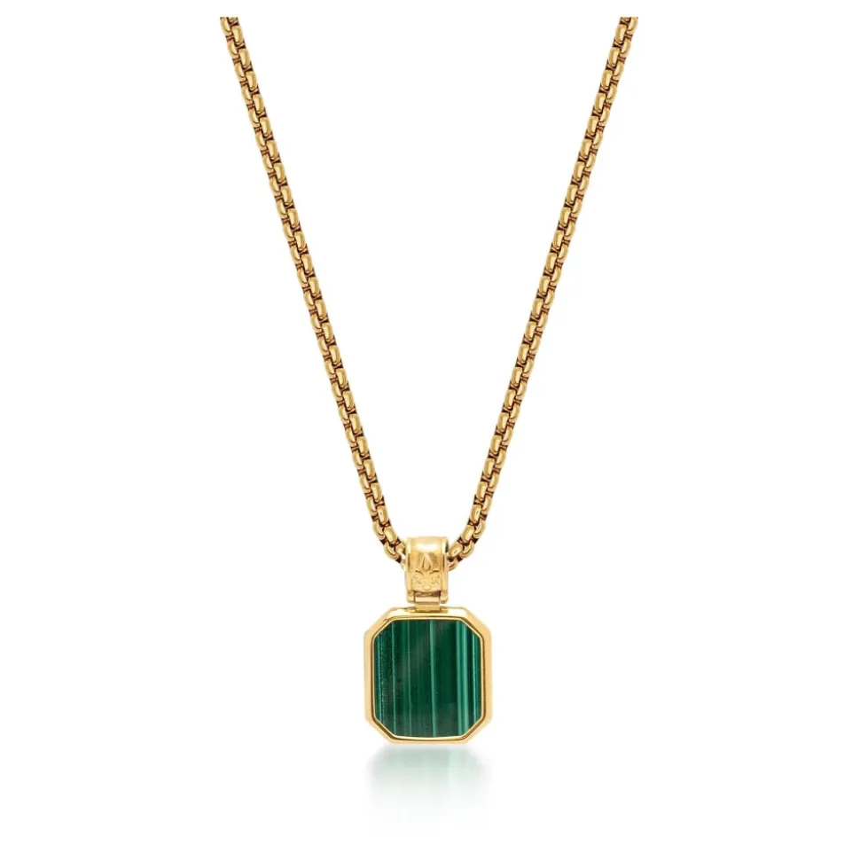 Gold Necklace with Square Malachite Pendant