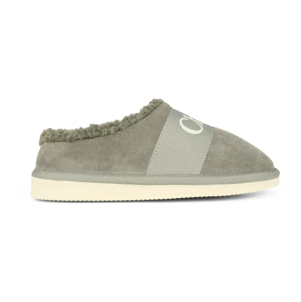 Graue Wildleder Mules mit Kunstfell