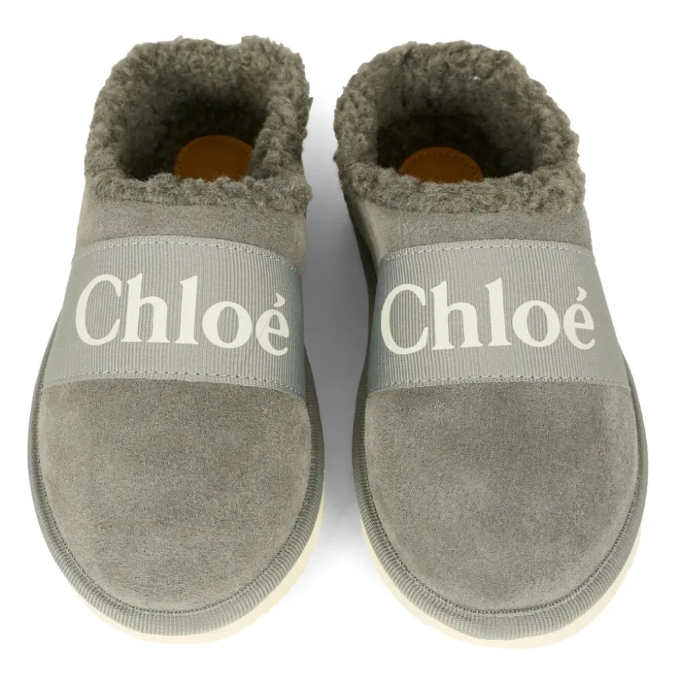 Graue Wildleder Mules mit Kunstfell