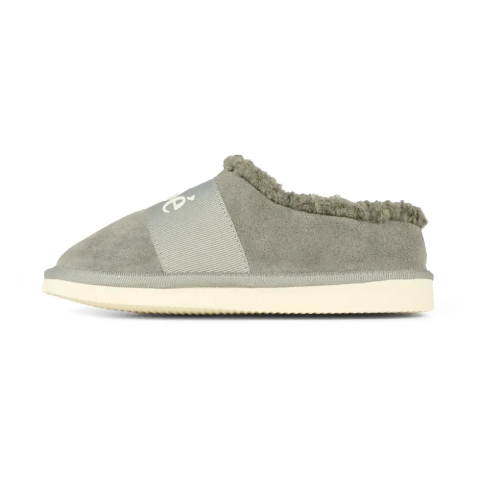 Graue Wildleder Mules mit Kunstfell