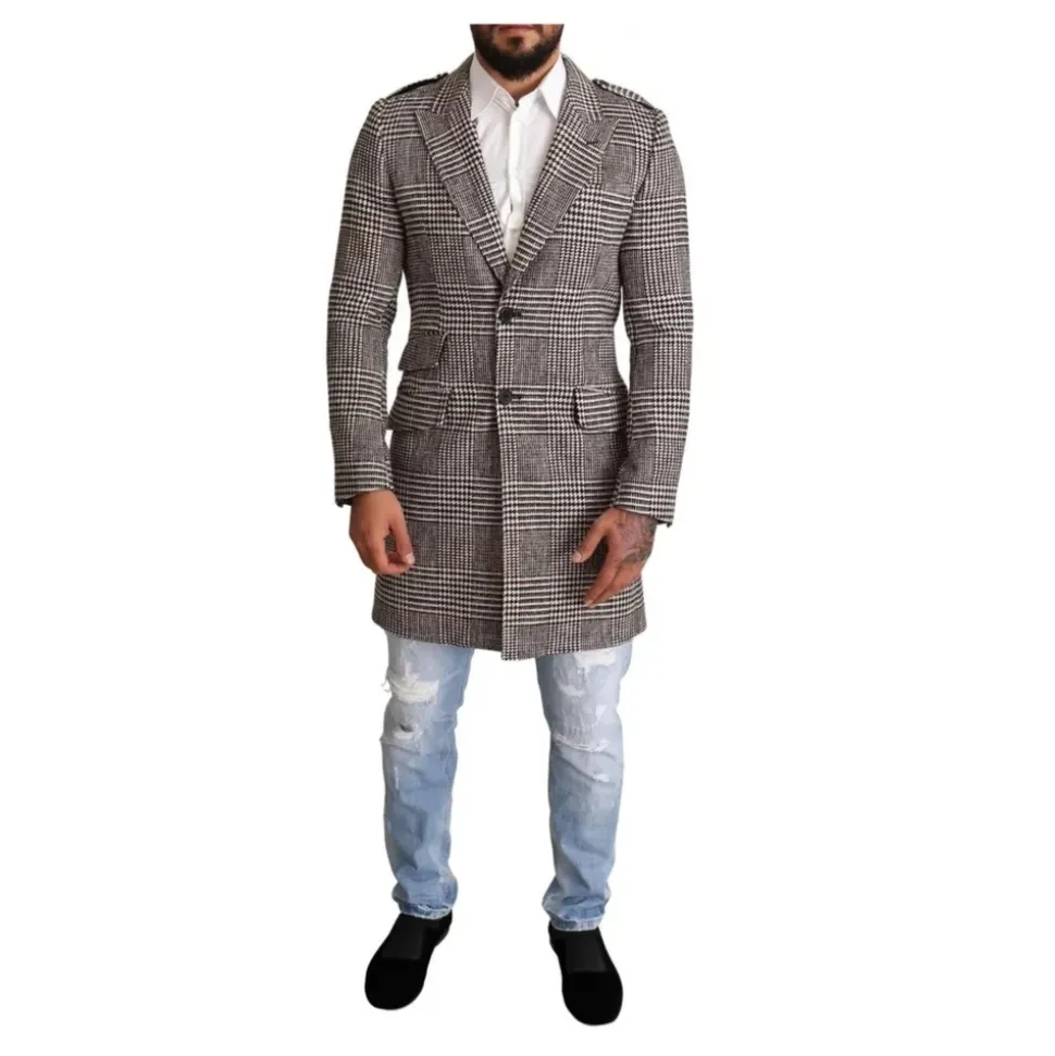 Grauer karierte Trenchcoat mit Taschen