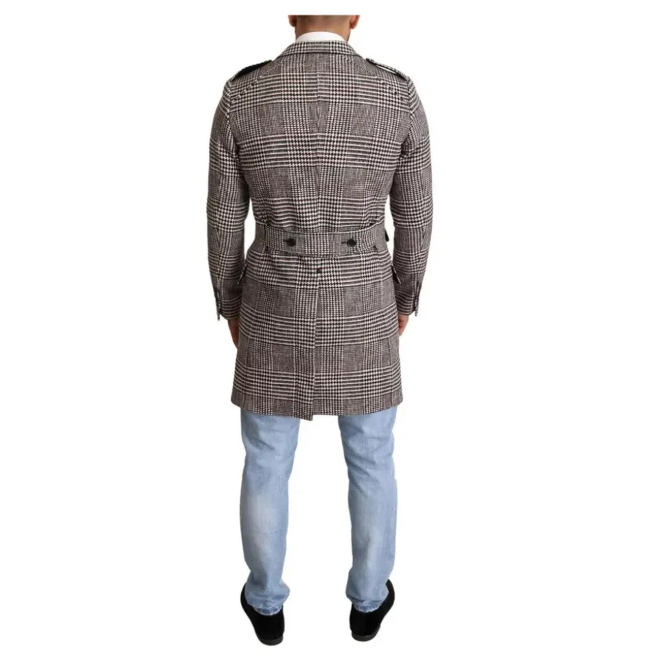 Grauer karierte Trenchcoat mit Taschen