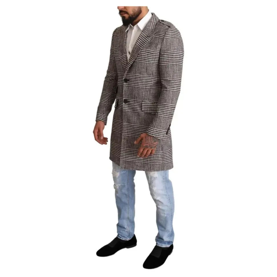 Grauer karierte Trenchcoat mit Taschen