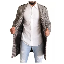 Grauer karierte Trenchcoat mit Taschen