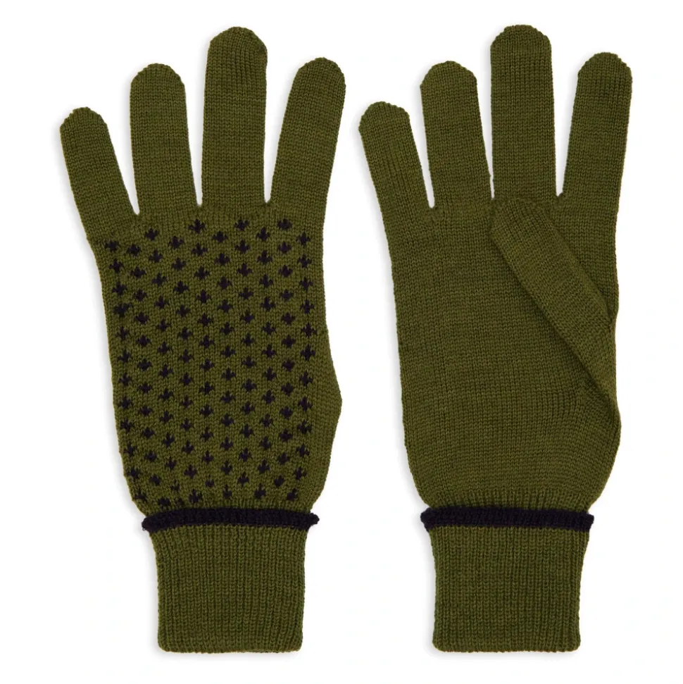 Grüne Wollhandschuhe mit Lilienmotiv
