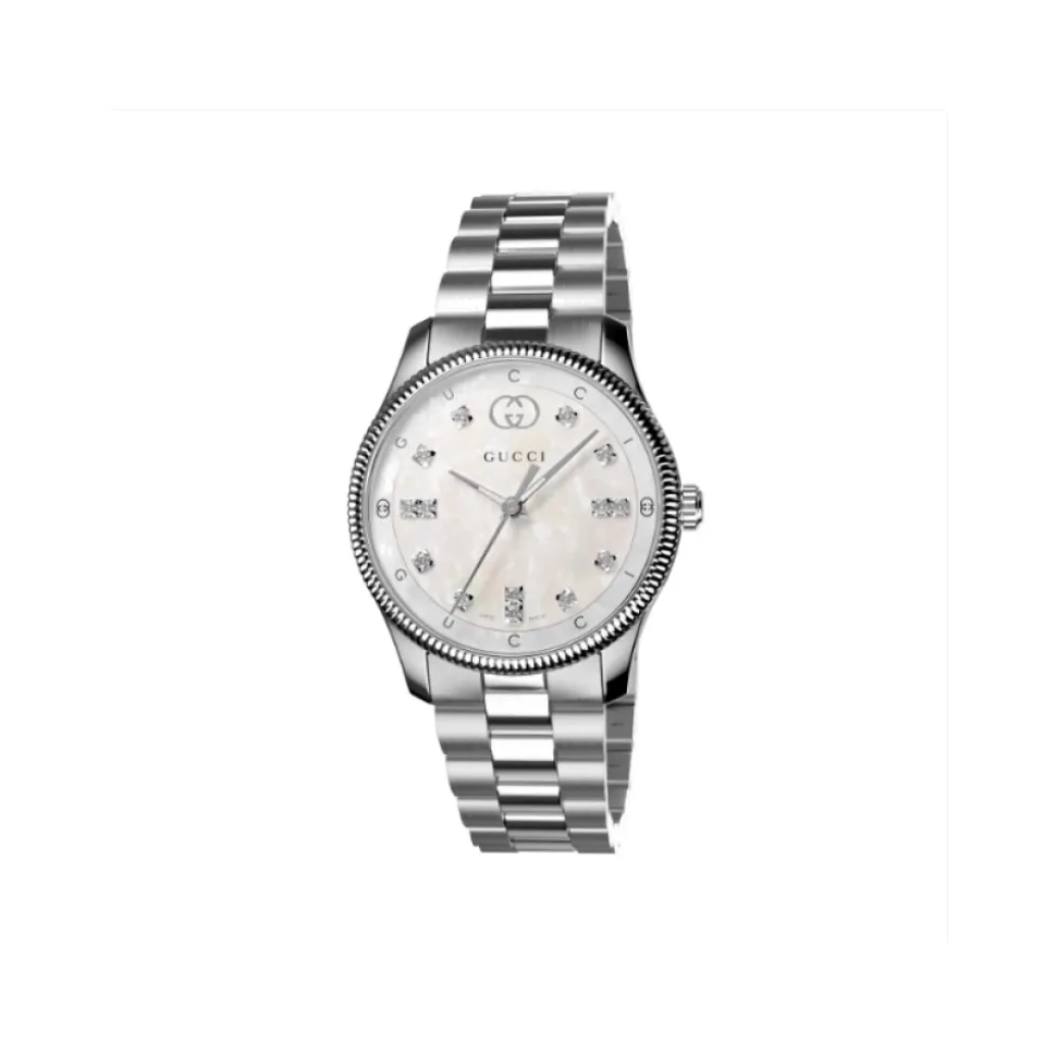 G-Timeless 29 mm Edelstahlgehäuse, weißes Perlmuttzifferblatt mit und Schriftzug, Diamantindizes, Edelstahlarmband