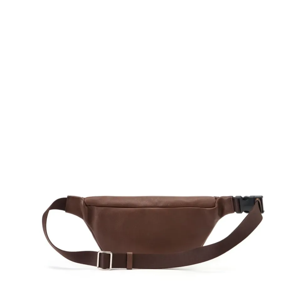 Haselnussleder Bauchtasche mit Kreuzstich und Metall-Logoplatte