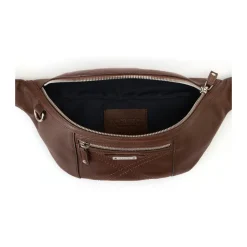 Haselnussleder Bauchtasche mit Kreuzstich und Metall-Logoplatte