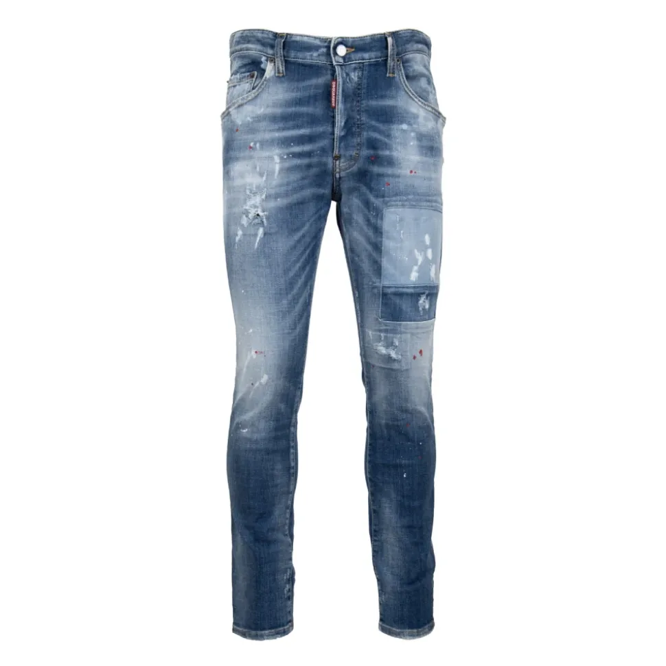 Herren Knopf Jeans mit Leder Patch