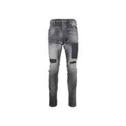 Herren Knopf Jeans mit Leder Patch