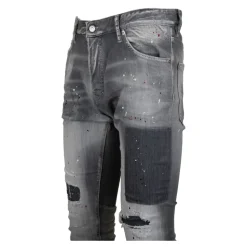Herren Knopf Jeans mit Leder Patch