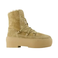 Klobige Sohle-Schnürstiefel in Beige Leder