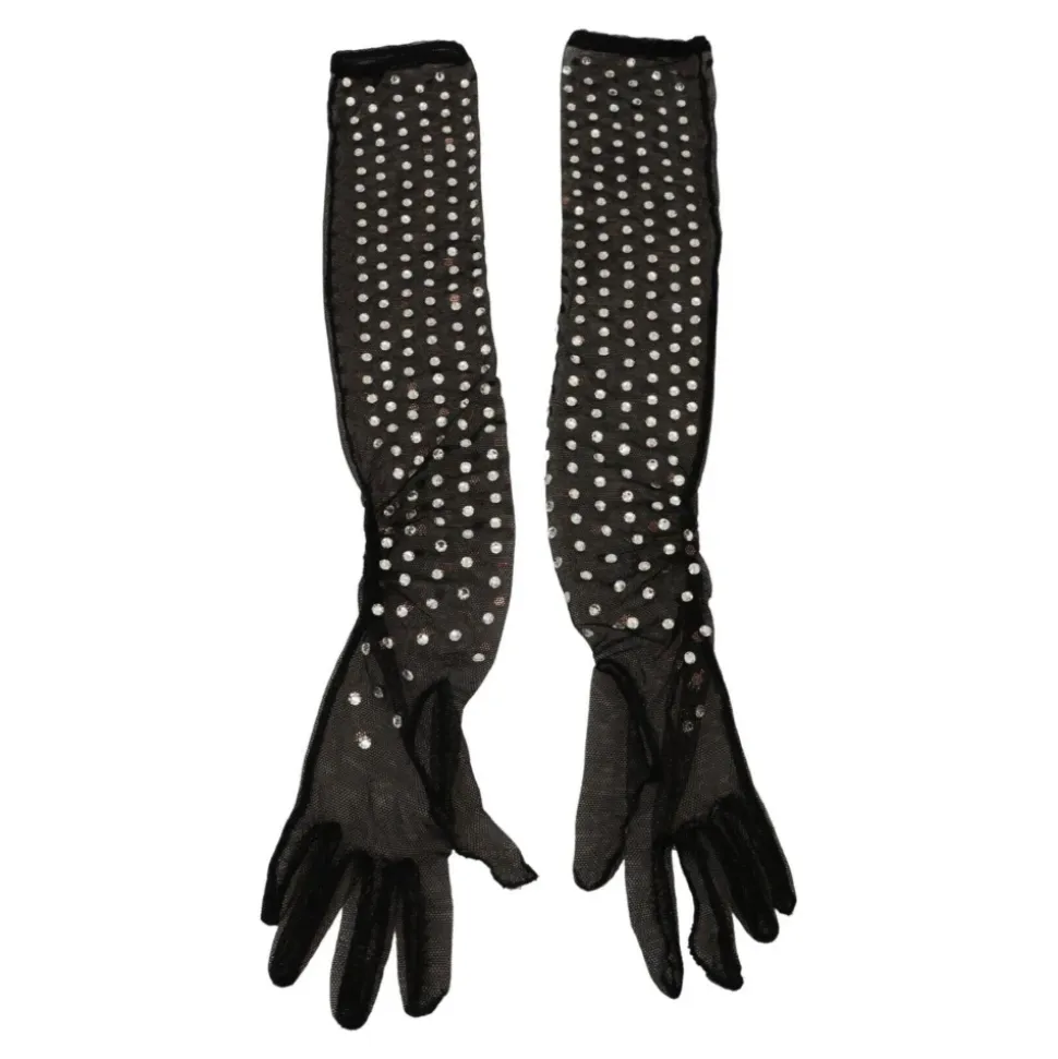 Kristallverzierte Mesh-Handschuhe Schwarz Baumwolle Italien
