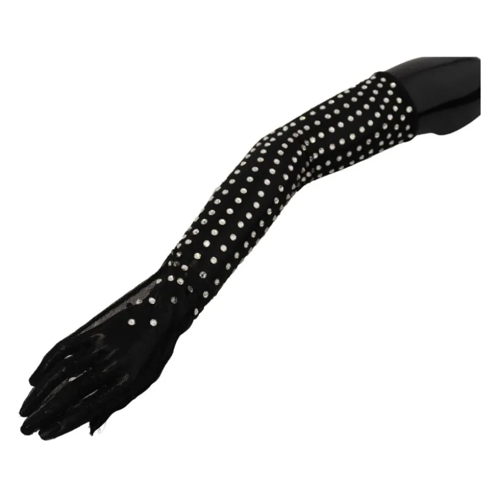Kristallverzierte Mesh-Handschuhe Schwarz Baumwolle Italien