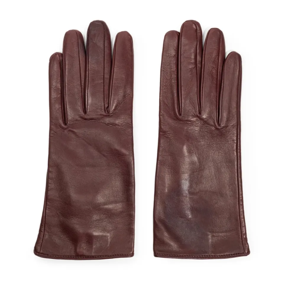 Kurze burgunderrote Lederhandschuhe