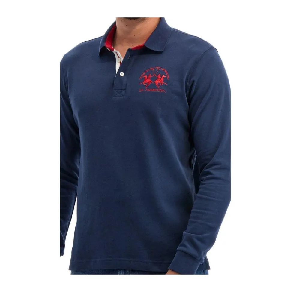 Langarm-Polo in Blau mit rotem Logo