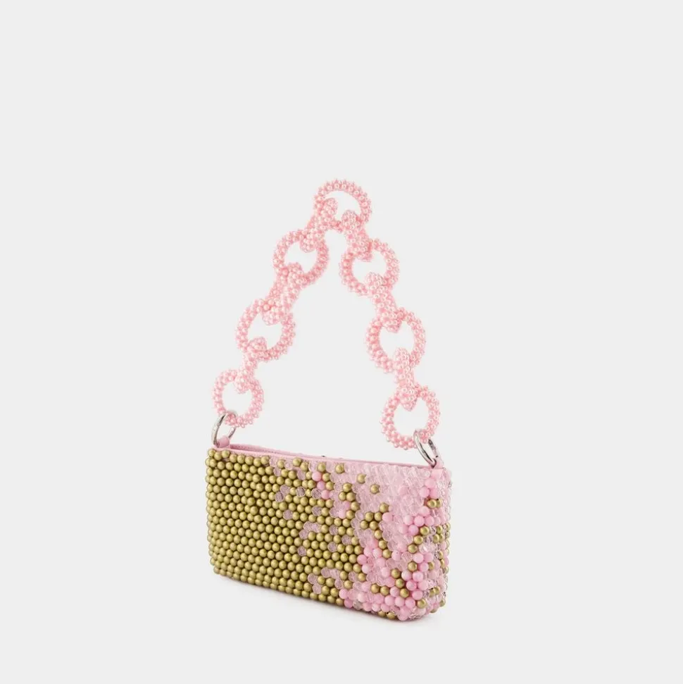 Mehrfarbige Perlenhandtasche mit rosa Griff