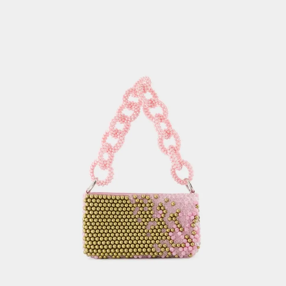 Mehrfarbige Perlenhandtasche mit rosa Griff