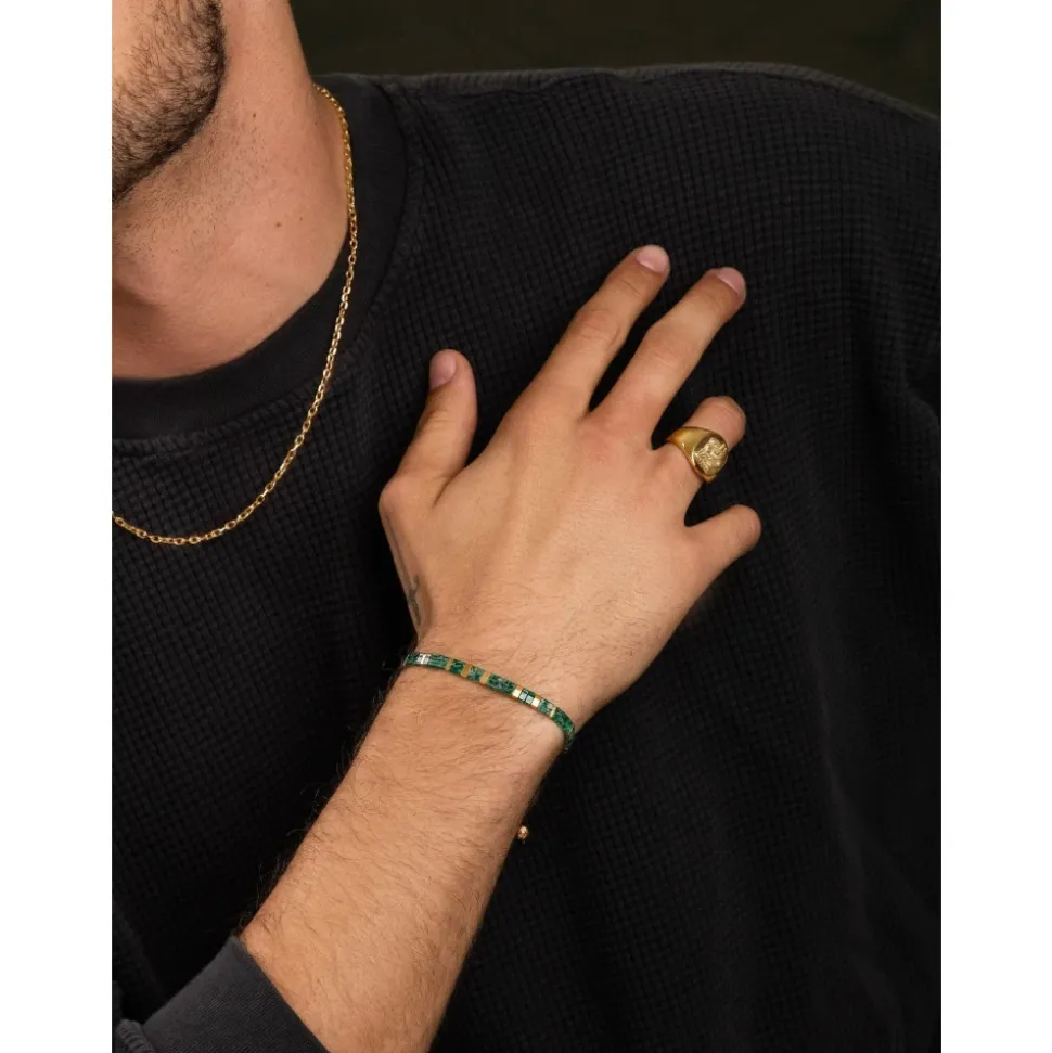 Men's Bracelet with Marbled Green and Gold Miyuki Tila Beads
