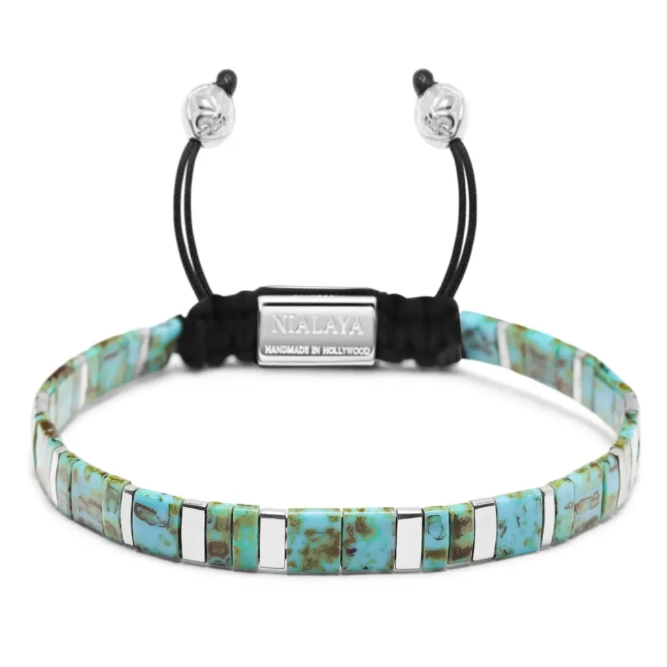 Men's Bracelet with Marbled Turquoise and Silver Miyuki Tila Beads