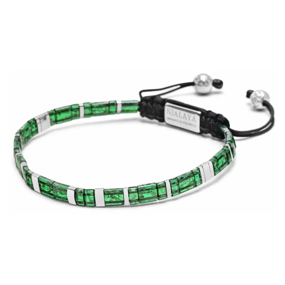 Men's Bracelet with Marbled Green and Silver Miyuki Tila Beads