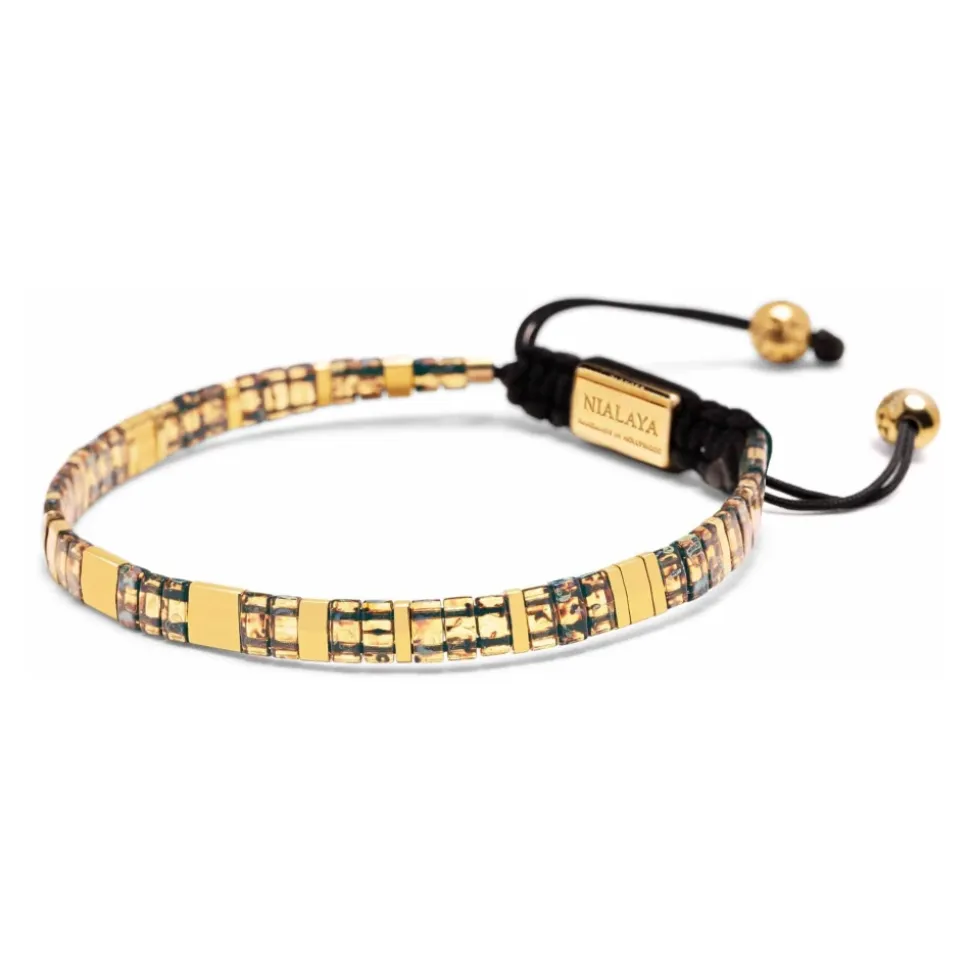 Men's Bracelet with Marbled Amber and Gold Miyuki Tila Beads