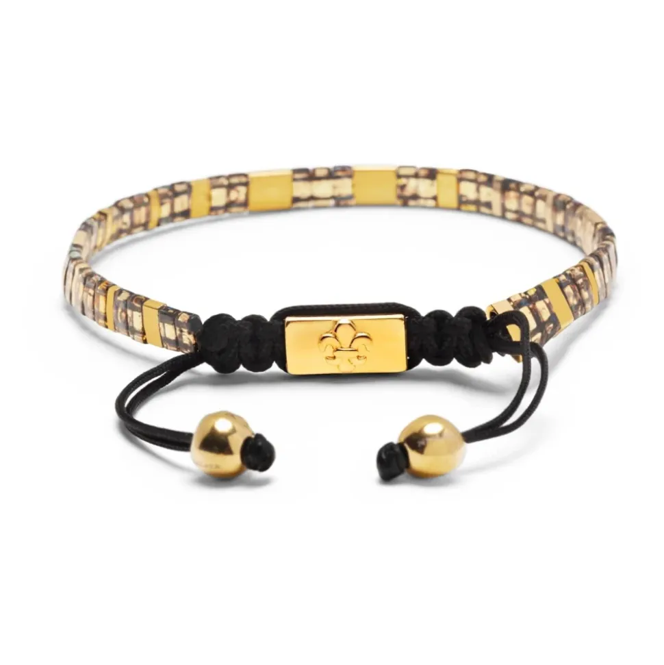 Men's Bracelet with Marbled Amber and Gold Miyuki Tila Beads