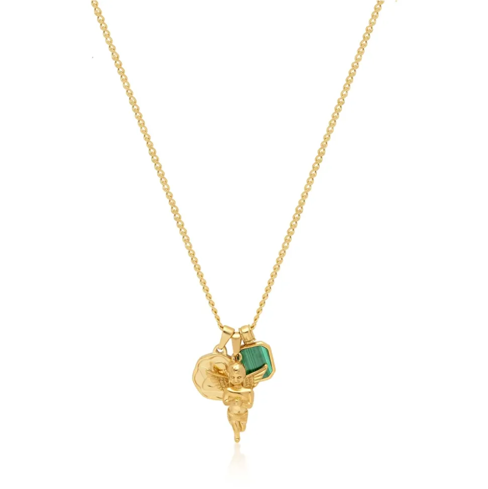 Men's Gold Talisman Necklace with Angel and Malachite Pendant