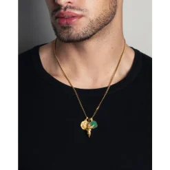 Men's Gold Talisman Necklace with Angel and Malachite Pendant