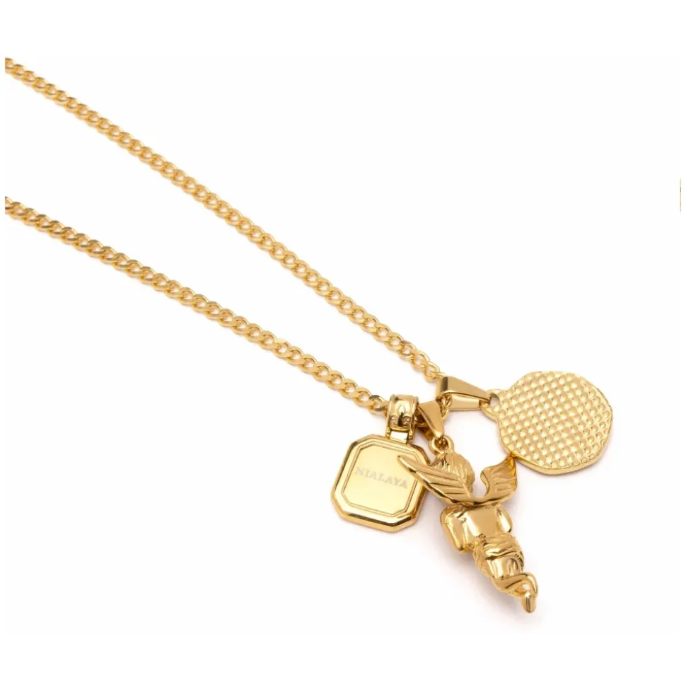 Men's Gold Talisman Necklace with Angel and Malachite Pendant