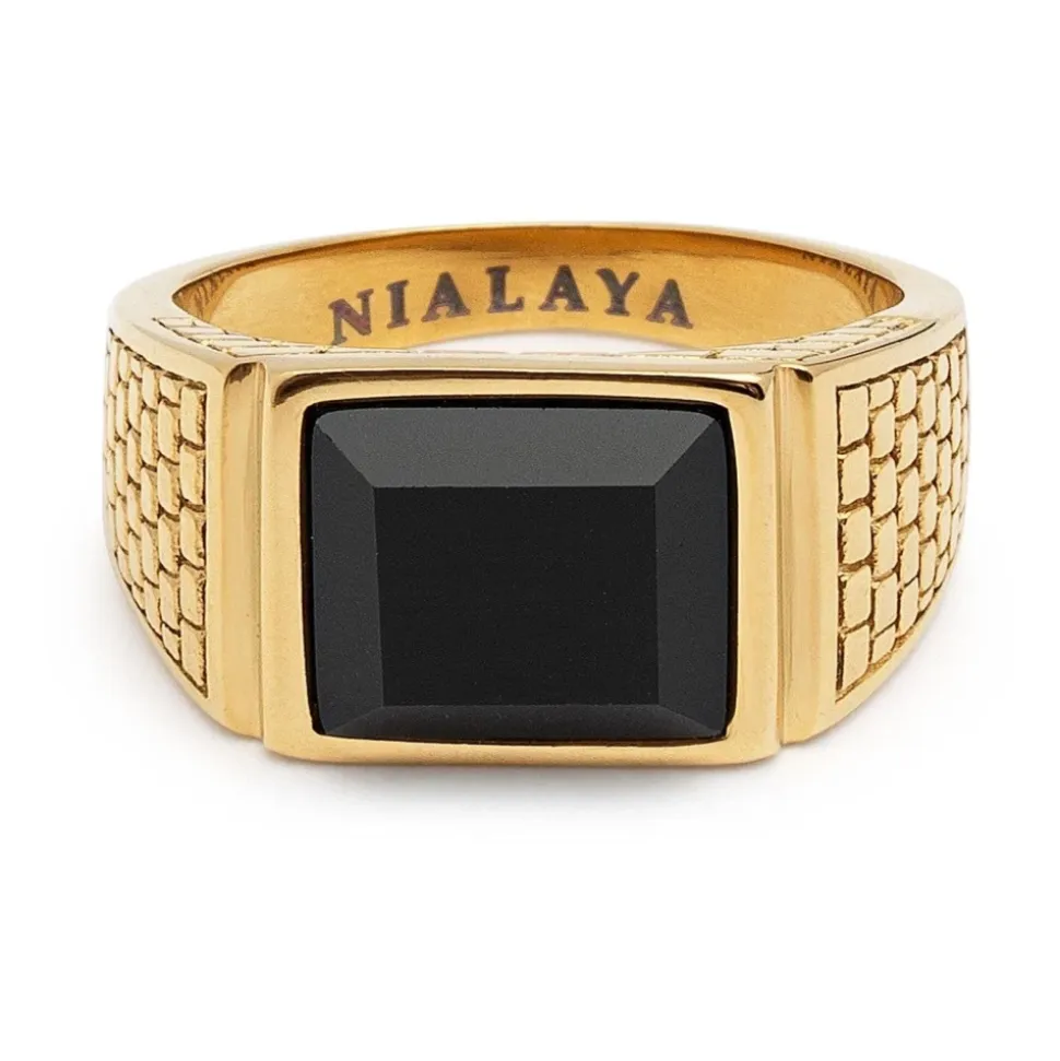 Men's Golden Brick Signet Ring with Agate