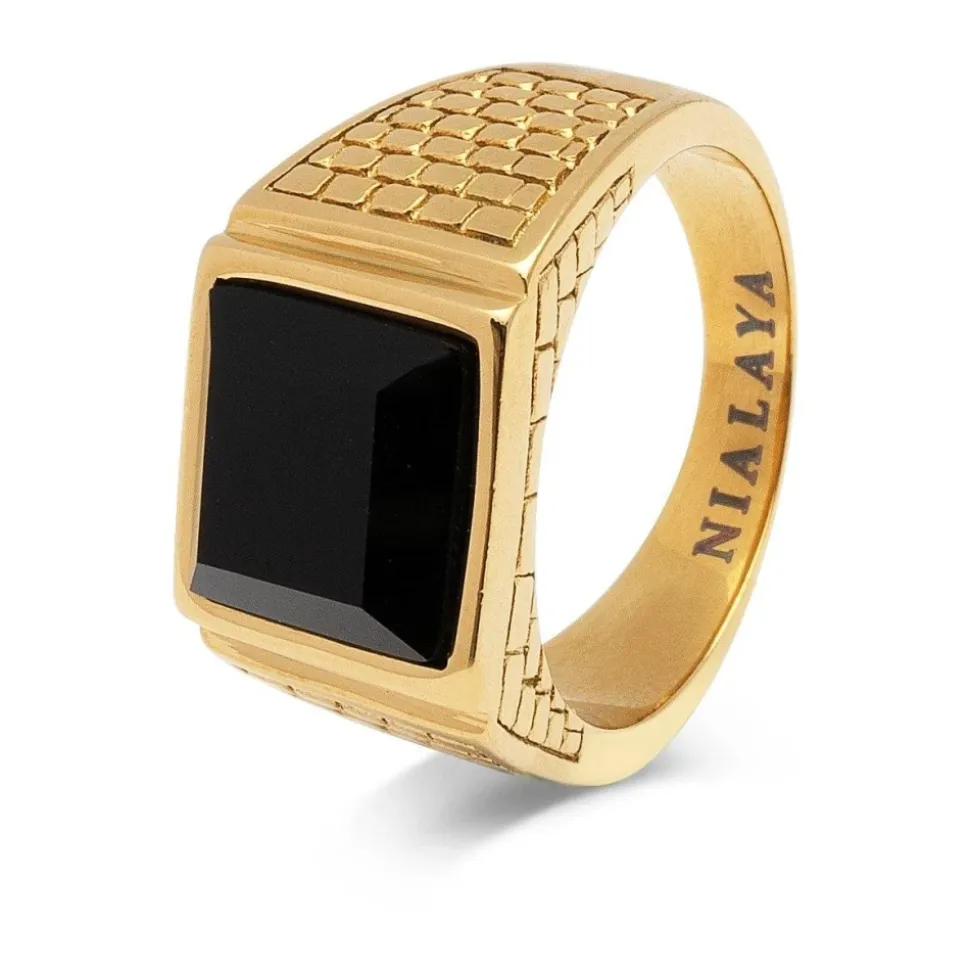 Men's Golden Brick Signet Ring with Agate